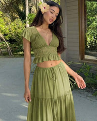Ella Top Corto in Pizzo Gonna Maxi in Chiffon Set