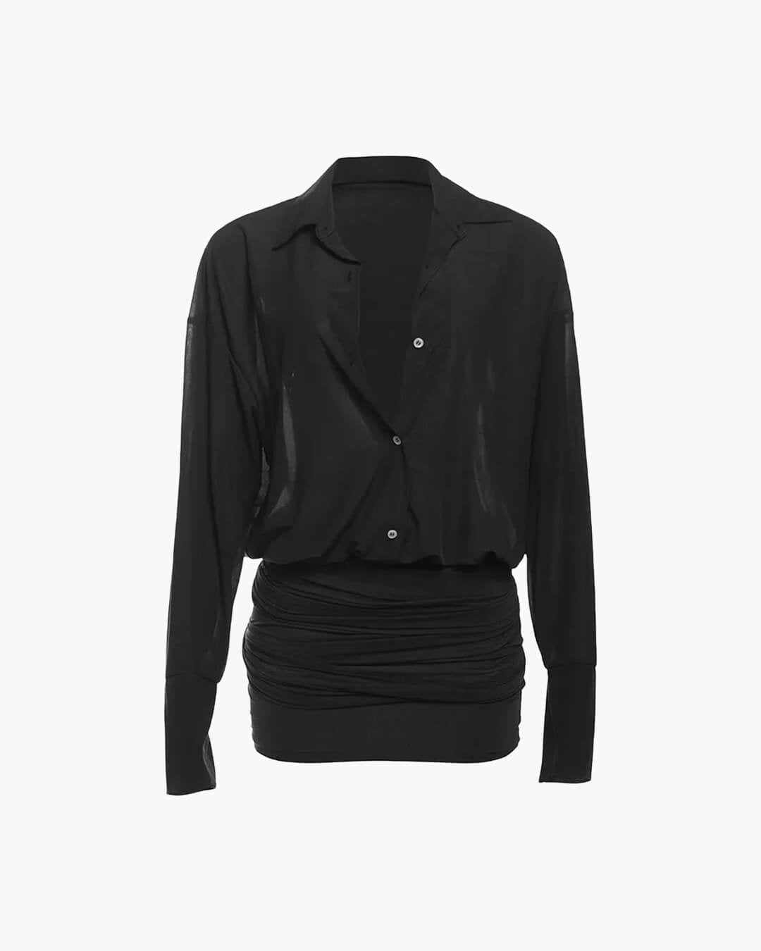 OLANE Eva Long Sleeve Ruched Shirt Dress BlackSWomen's Dresses