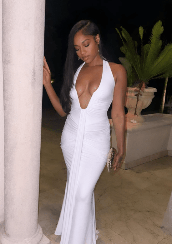 OLANE Evelyn Halter Deep V-Neck Ruched Maxi Dress WhiteMWomen’s Dresses