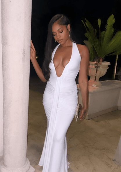 OLANE Evelyn Halter Deep V-Neck Ruched Maxi Dress WhiteMWomen’s Dresses