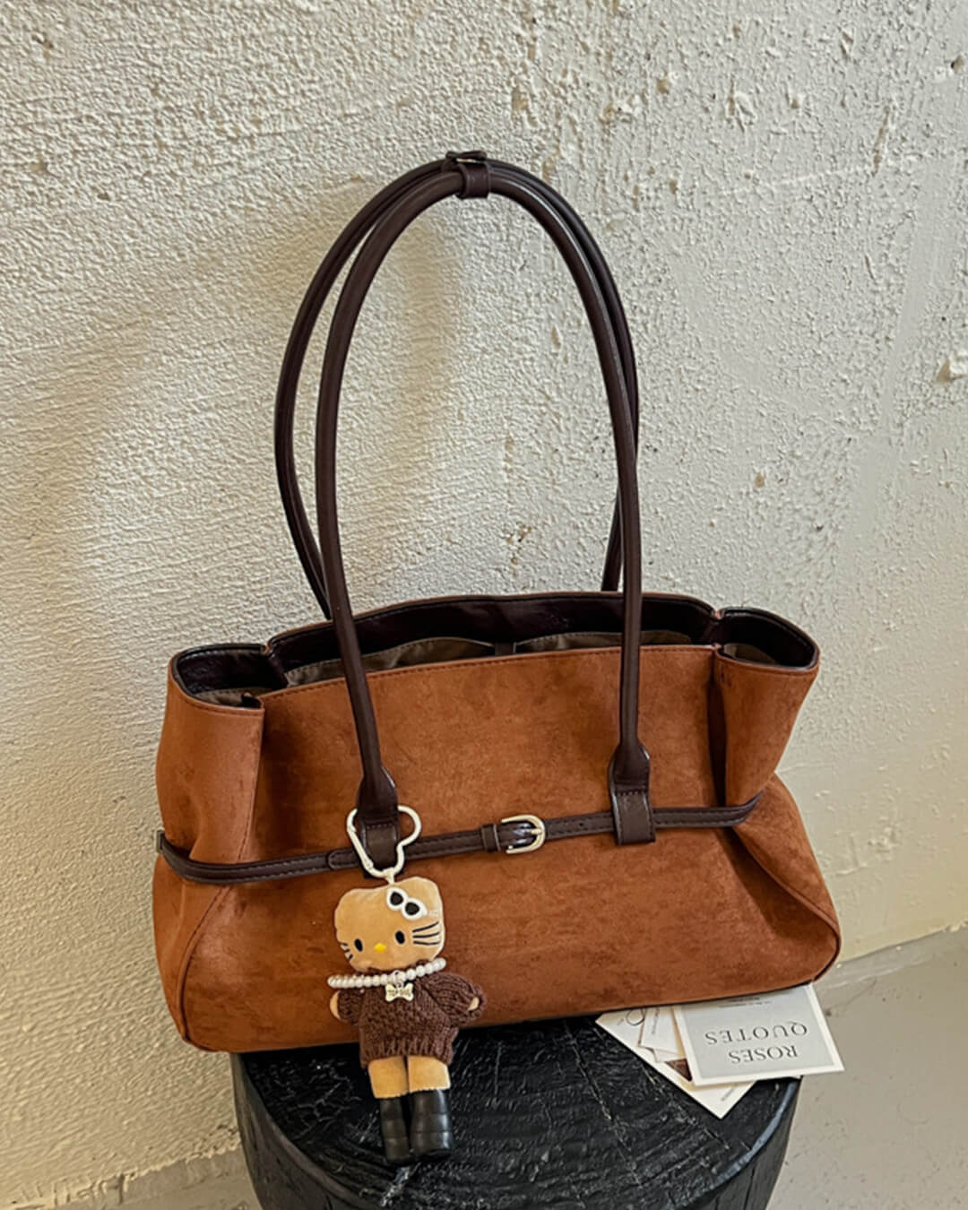 OLANE Faux Suede Belted Tote Bag CamelWomen's Handbags