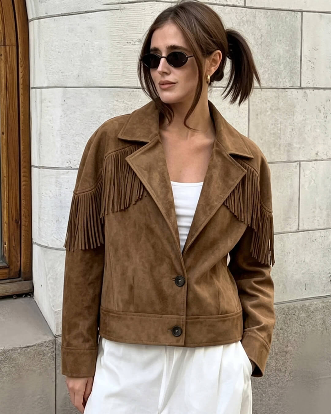 OLANE Faux Suede Lapel Cropped Jacket SWomen's Coats & Jackets