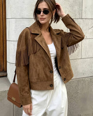 Veste courte à revers en suédine synthétique