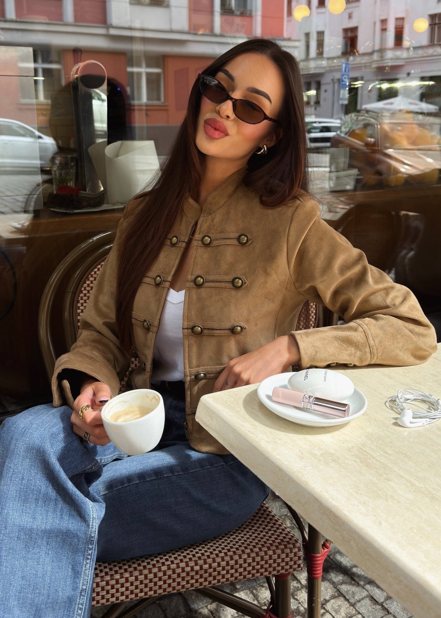 OLANE Faux Suede Napoleon Slim Jacket BrownMWomen's Coats & Jackets