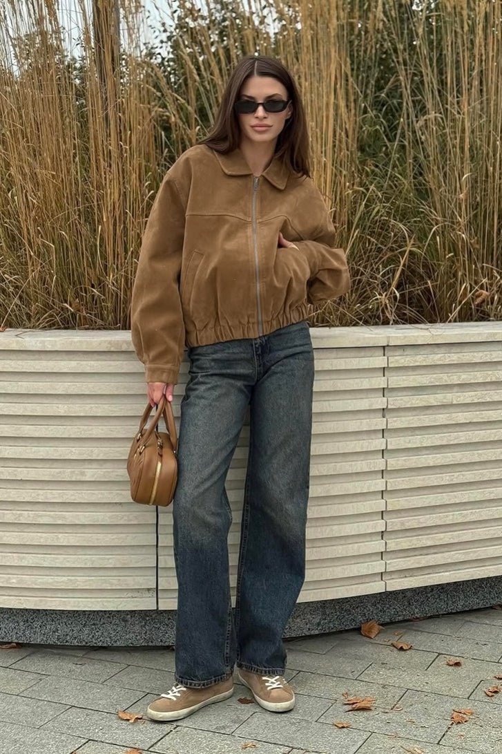 OLANE Faux Suede Zip-Up Bomber Jacket BrownSWomen's Coats & Jackets