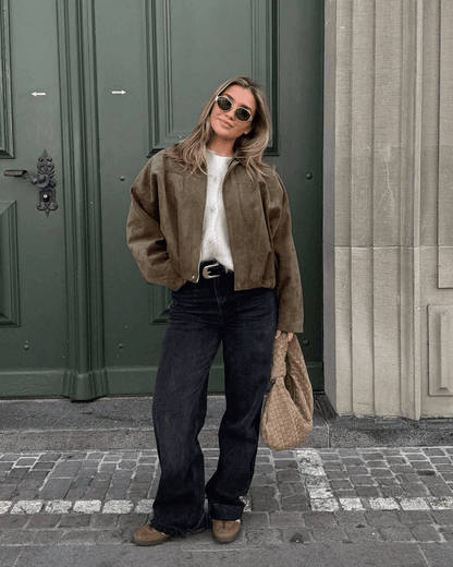 OLANE Faux Suede Zip-Up Bomber Jacket OliveSWomen's Coats & Jackets