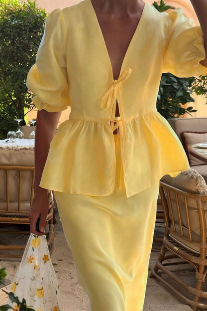 OLANE Flattering Tie - Front Ruffle Skirt Set YellowLWomen's Sets