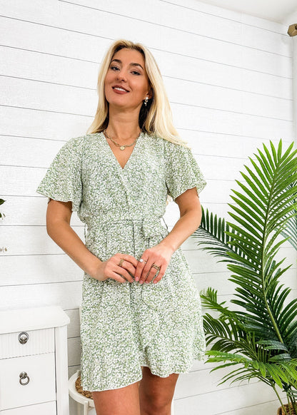 OLANE Floral Wrap-Tie Butterfly Sleeves Mini Dress GreenMWomen’s Dresses