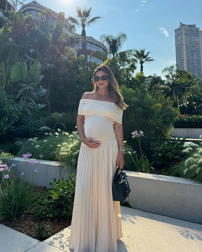 OLANE Flowy Off - Shoulder Maternity Dress BeigeLWomen’s Dresses