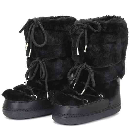 OLANE Fluffy Fur Winter Snow Boots Black Low36-37Women's Shoes