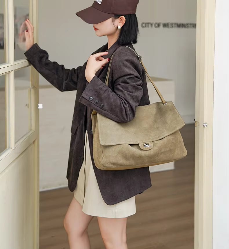 OLANE Frosted Cowhide Retro Tote Bag CoffeeSBag