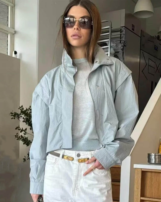 OLANE Full Zip High Collar Cropped Jacket Light BlueXSWomen's Coats & Jackets