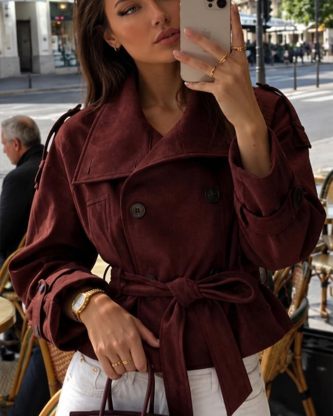 OLANE Funnel Neck Faux Suede Belted Jacket BurgundyXSJacket