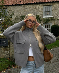 Funnel Neck Zip Up Sweater with Flap Pockets