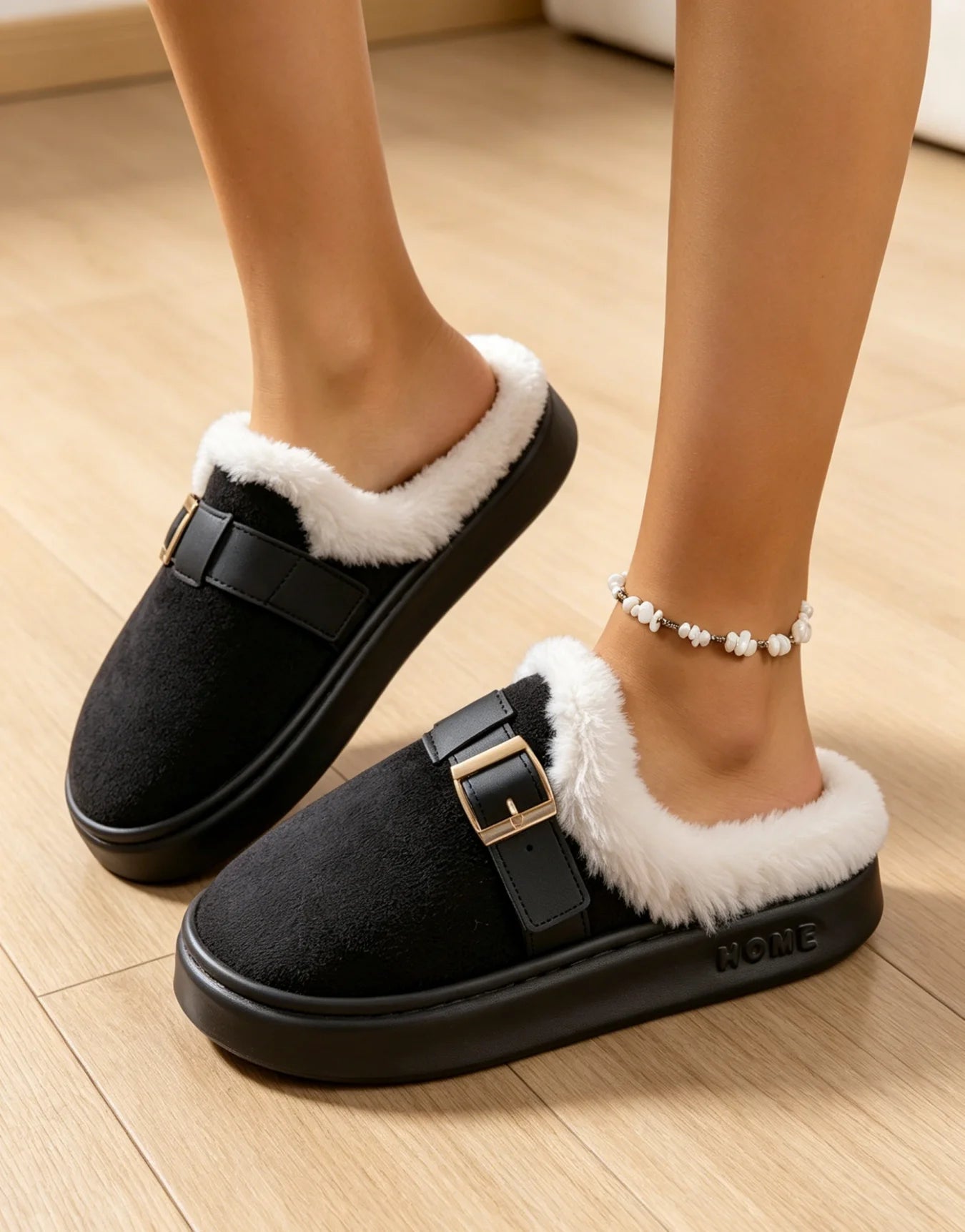OLANE Fuzzy Retro Faux Fur Lined Suede Slippers Black36-37Shoes