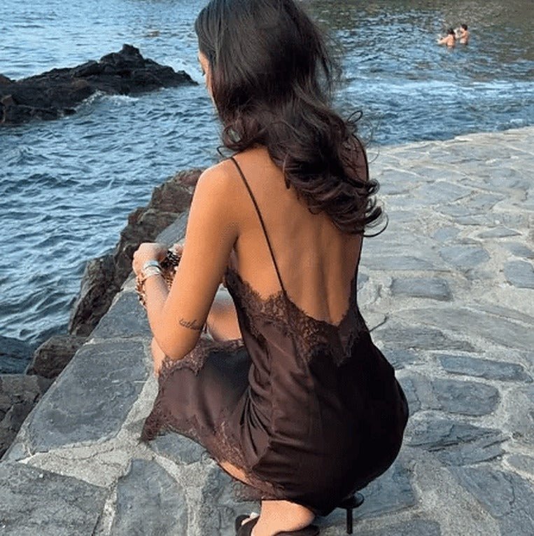 OLANE Gianna Asymmetric Satin Mini Dress BrownMWomen's Dresses