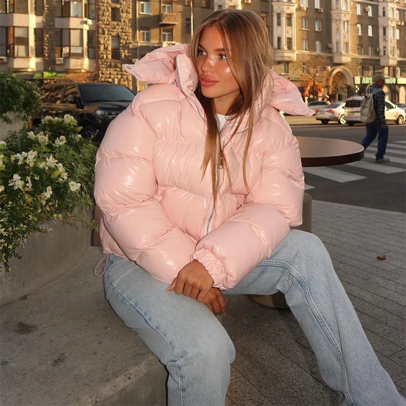 Glänzende Kapuzen-Pufferjacke