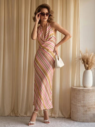 Claudia bretelle au cou style bohème à rayures, ensemble en satin
