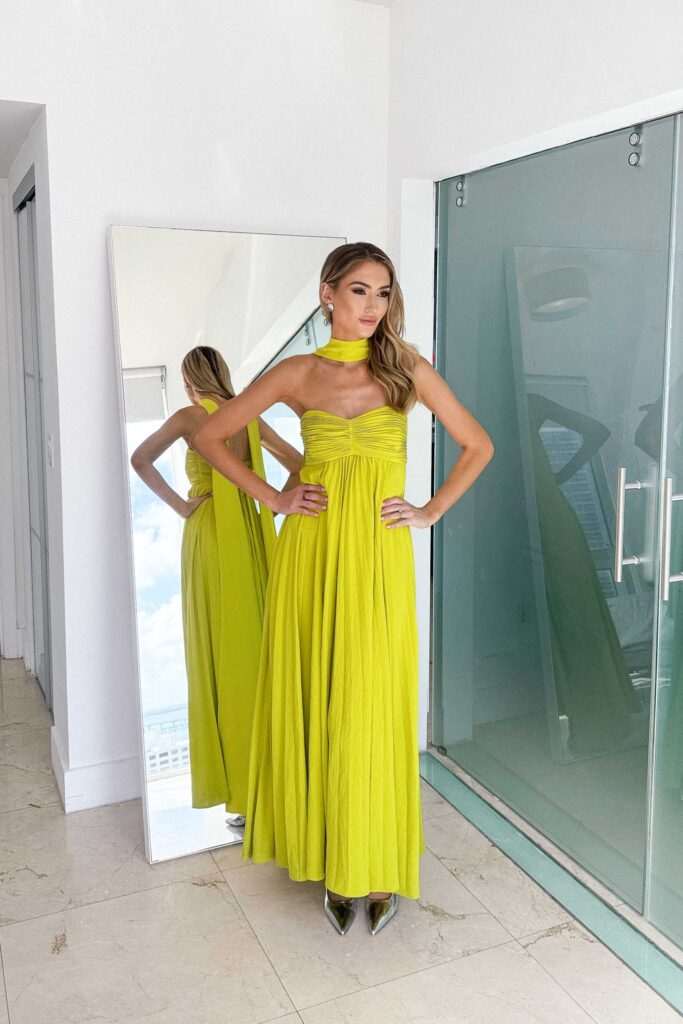 OLANE Halter Ruched Pleated Maxi Dress Lime YellowMWomen's Dresses