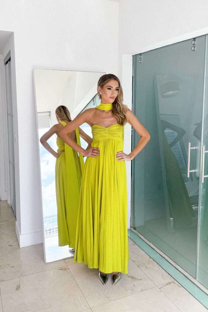 OLANE Halter Ruched Pleated Maxi Dress Lime YellowMWomen's Dresses
