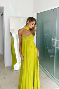 Halter Ruched Pleated Maxi Dress