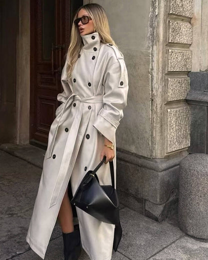OLANE High-Neck Belted Long Trench Coat CreamLWomen's Coats & Jackets
