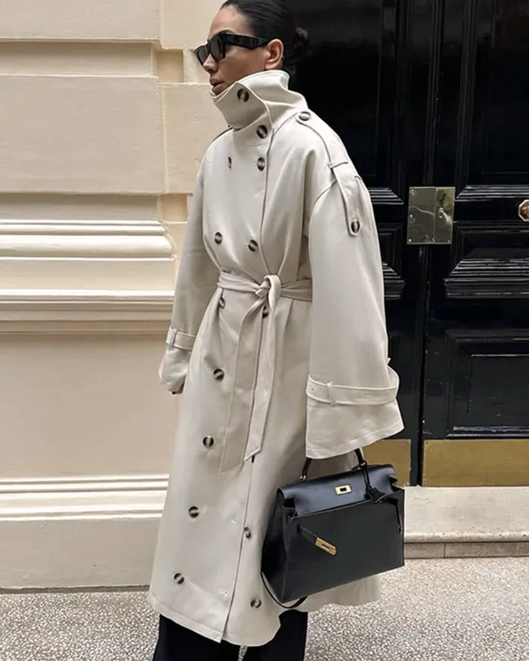 OLANE High-Neck Belted Long Trench Coat CreamLWomen's Coats & Jackets