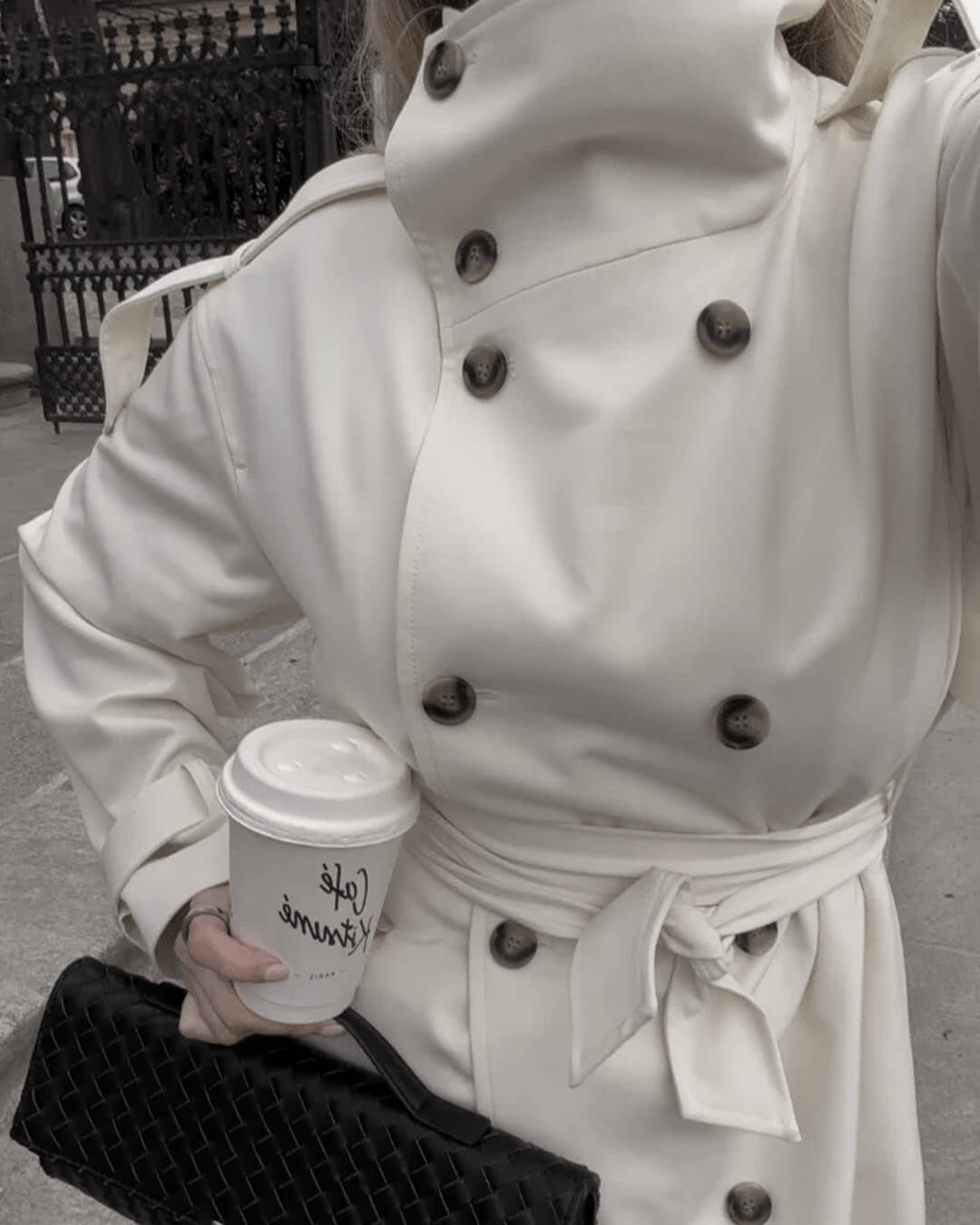 OLANE High-Neck Belted Long Trench Coat CreamLWomen's Coats & Jackets