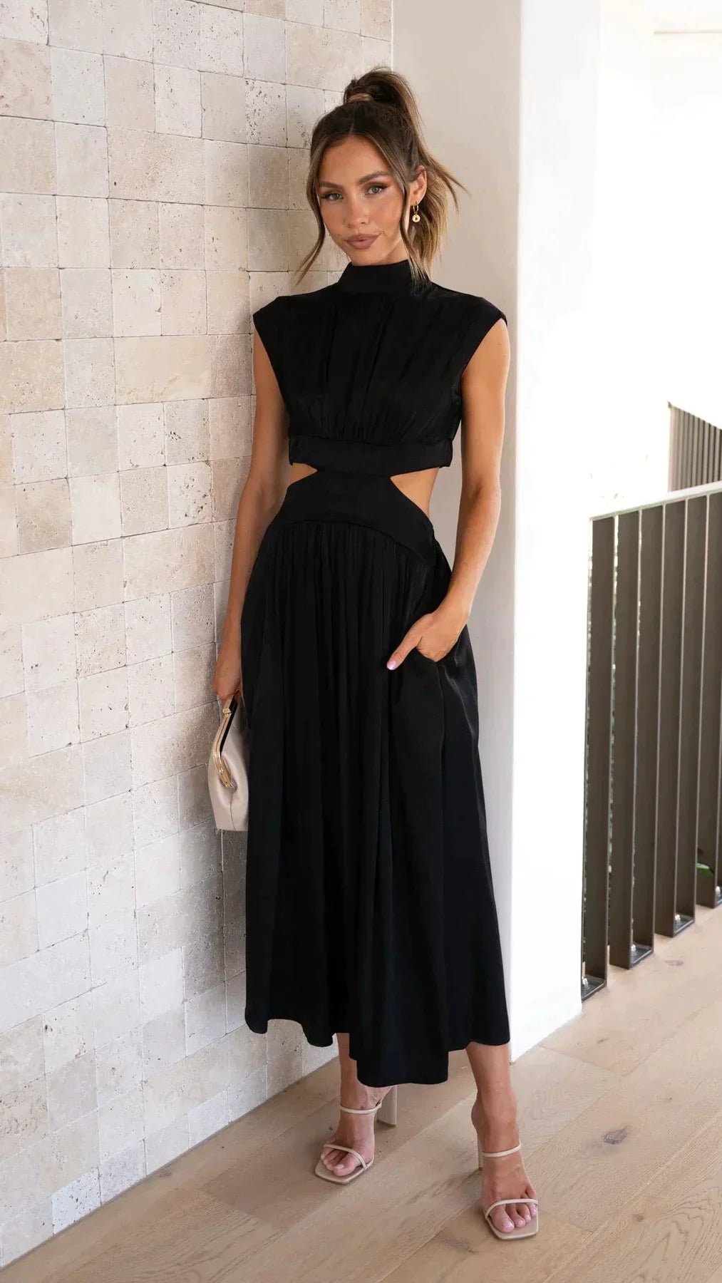 OLANE High-Neck Cut Out Midi Dress BlackXSWomen's Dresses