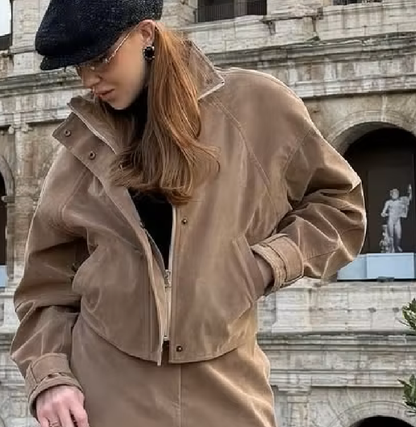 OLANE High Neck Faux Suede Zip-Up Jacket BrownMWomen's Coats & Jackets
