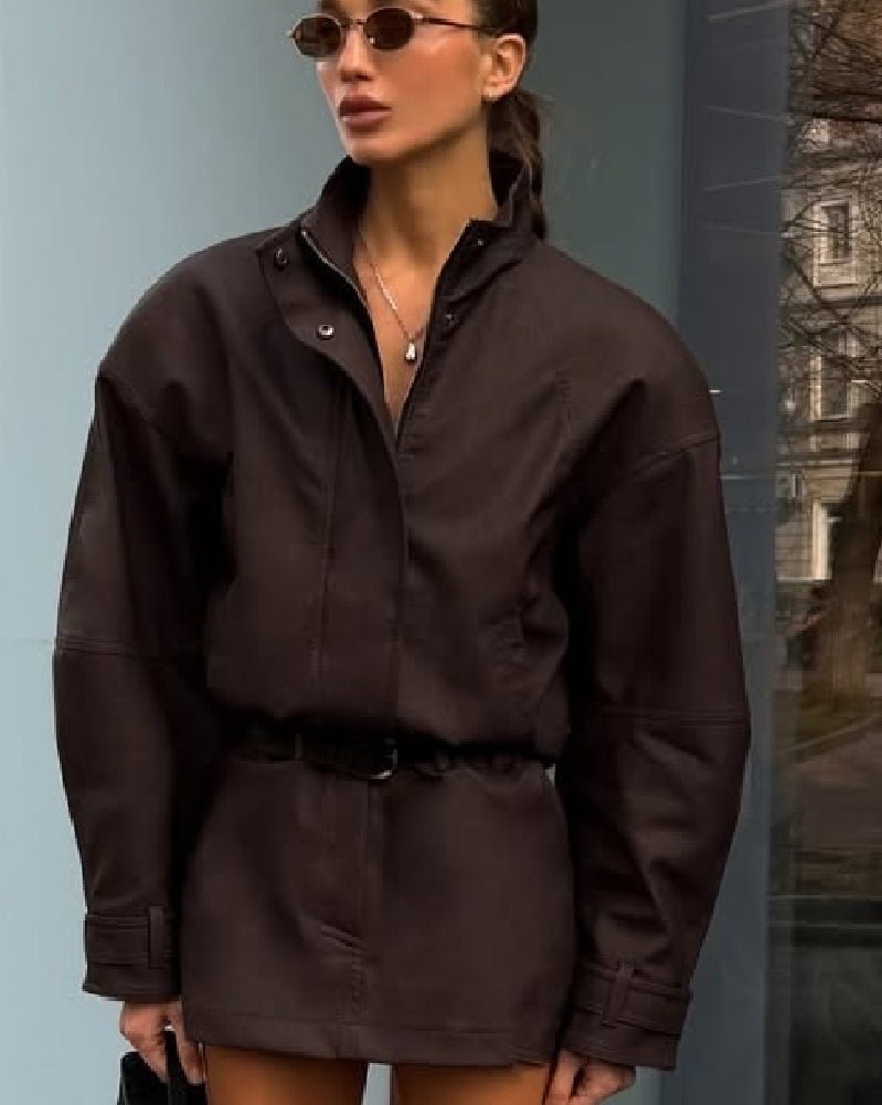 OLANE High Neck Faux Suede Zip-Up Jacket Choco BrownSWomen's Coats & Jackets
