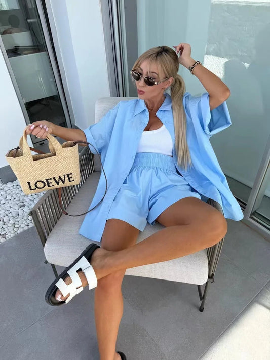 OLANE Janine Lapel Half-Sleeve Top & Shorts Set BlueSWomen's Sets