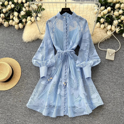 OLANE Jessica Embroidered Lace Belted Dress BlueSWomen's Dresses