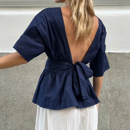 OLANE Joanna Ruffled Peplum Backless Blouse NavySWomen’s Tops