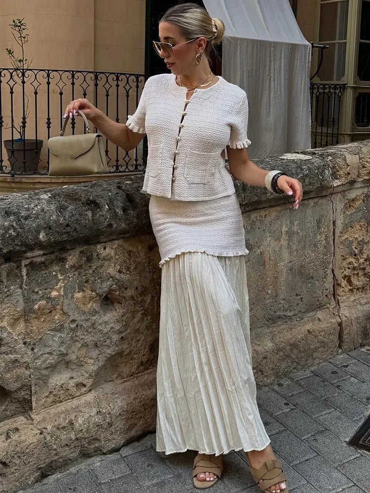 OLANE Knitted Tank Pleated Skirt Set Beige SetSWomen's Sets