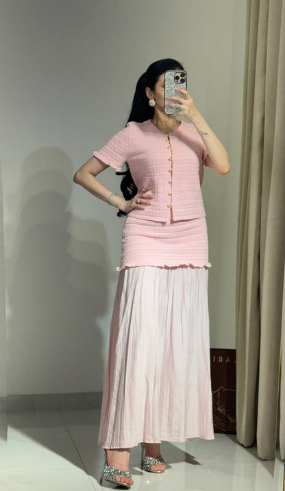 OLANE Knitted Tank Pleated Skirt Set Pink SetSWomen's Sets