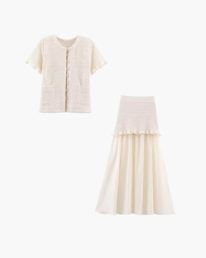 OLANE Knitted Tank Pleated Skirt Set Pink SkirtSWomen's Sets