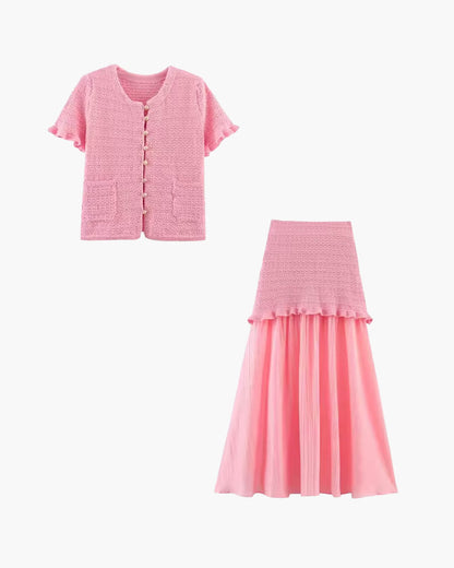 OLANE Knitted Tank Pleated Skirt Set Pink SkirtSWomen's Sets