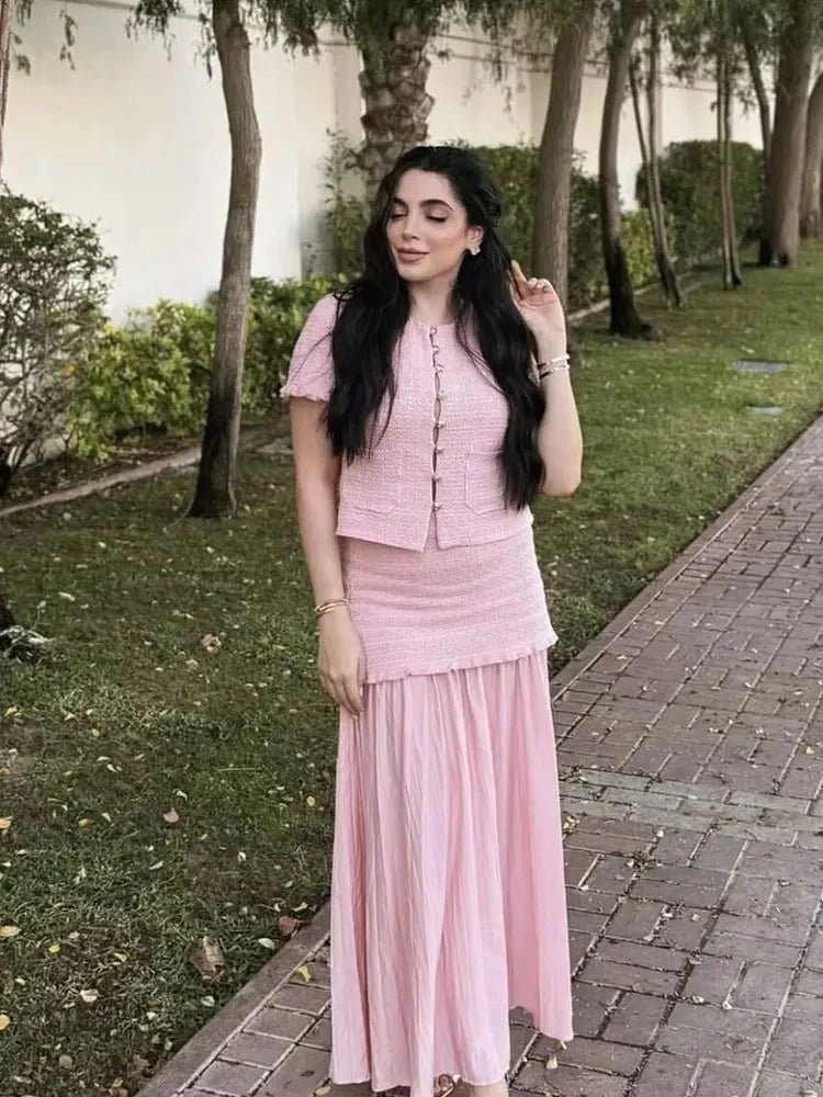 OLANE Knitted Tank Pleated Skirt Set Pink SkirtSWomen's Sets