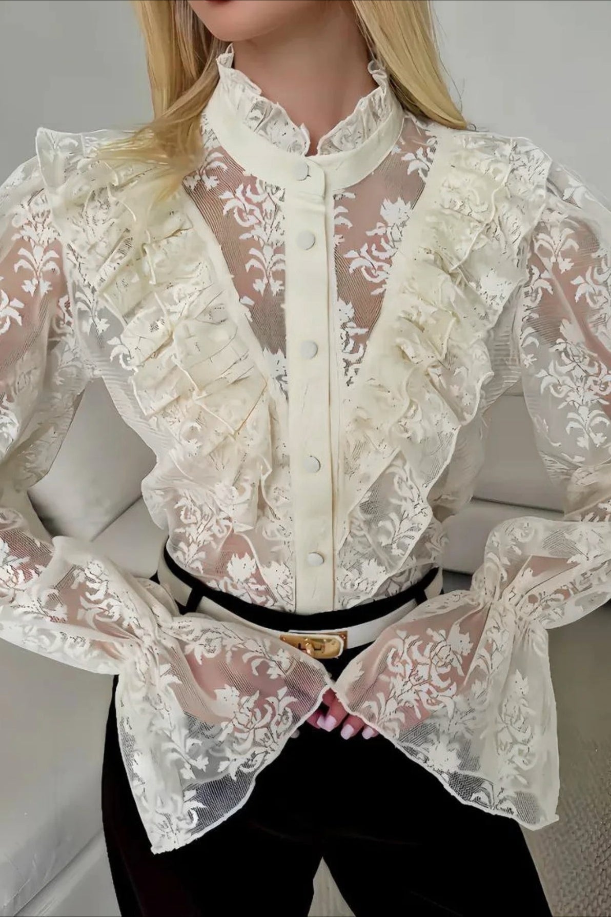 OLANE Lace Flare Sleeve Sheer Blouse BeigeSBlouse