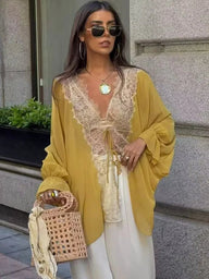 Lace Patchwork Tie-Front Blouse