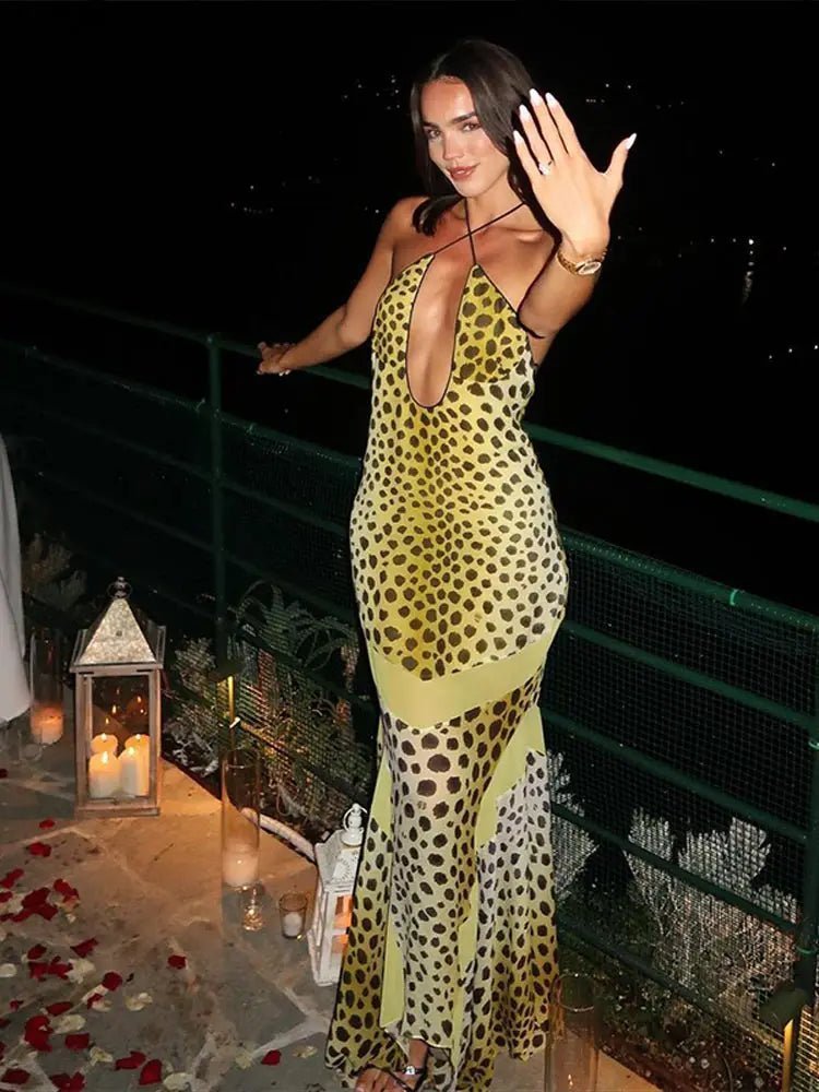 Layla – Rückenfreies Leopard-Print Neckholder Maxi-Kleid