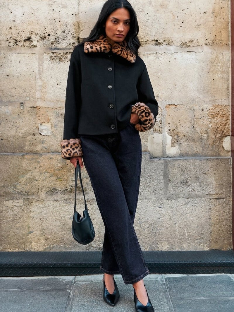 OLANE Leopard Faux Fur Trim Button-Up Jacket BlackSWomen's Coats & Jackets