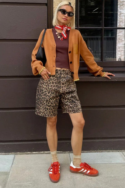 OLANE Leopard Knee-Length Low Waist Shorts MWomen's Bottoms