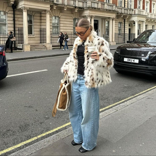 OLANE Leopard Open-Front Faux Fur Coat White LeopardSWomen's Coats & Jackets