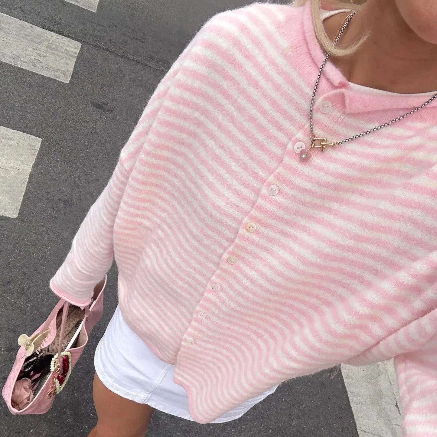 OLANE Lightweight Button - Down Striped Cardigan PinkMWomen's Sweaters & Cardigans