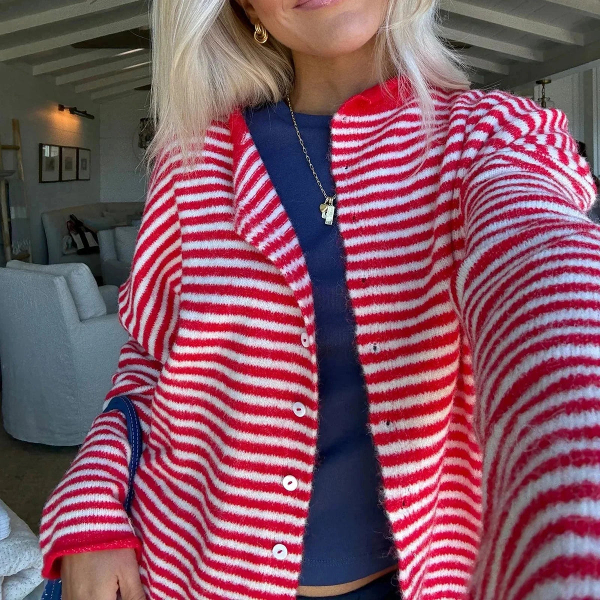 OLANE Lightweight Button - Down Striped Cardigan RedSWomen's Sweaters & Cardigans