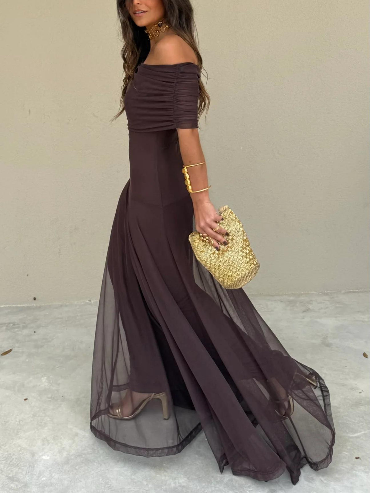 OLANE Lightweight Chiffon Off Shoulder Maxi Dress LWomen’s Dresses