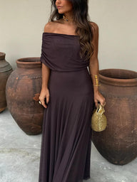 Annie Abito lungo in chiffon leggero scollo off-shoulder
