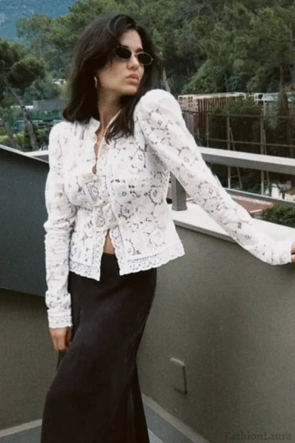 OLANE Long Sleeve Elegant Lace Blouse WhiteSWomen’s Tops
